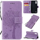 For Galaxy A01 Tree & Cat Pattern Pressed Printing Horizontal Flip PU Leather Case with Holder & Card Slots & Wallet & Lanyard(Light Purple)