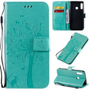 For Galaxy A70e Tree & Cat Pattern Pressed Printing Horizontal Flip PU Leather Case with Holder & Card Slots & Wallet & Lanyard(Green)