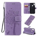 For Galaxy M11 / A11 Tree & Cat Pattern Pressed Printing Horizontal Flip PU Leather Case with Holder & Card Slots & Wallet & Lanyard(Light Purple)