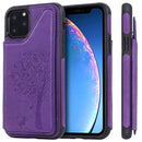 For iPhone 11 Pro Cat Tree Embossing Pattern Shockproof Protective Case with Card Slots & Photo Frame & Holder(Purple)