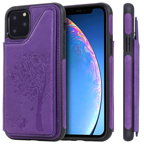 For iPhone 11 Pro Cat Tree Embossing Pattern Shockproof Protective Case with Card Slots & Photo Frame & Holder(Purple)