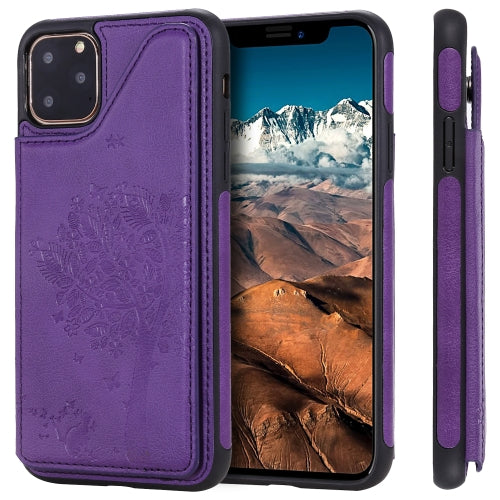 For iPhone 11 Pro Max Cat Tree Embossing Pattern Shockproof Protective Case with Card Slots & Photo Frame & Holder(Purple)