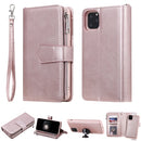 For iPhone 11 Pro Max 2 in 1 Solid Color Zipper Shockproof Protective Case with Card Slots & Bracket & Photo Holder & Wallet Function(Rose Gold)