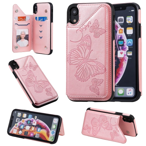 For iPhone XR Butterfly Embossing Pattern Shockproof Protective Case with Holder & Card Slots & Photo Frame(Rose Gold)