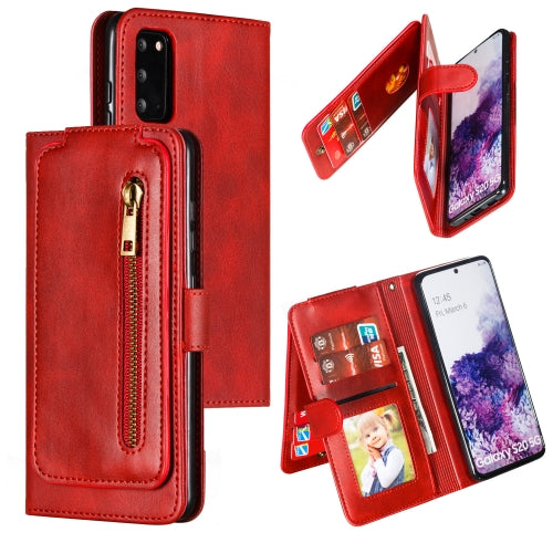For Galaxy S20 Nine Card Zipper Bag Horizontal Flip Leather Case With Holder & Card Slots & Photo Frame & Wallet(Red)