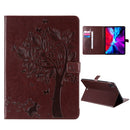 For iPad Pro 12.9 (2020) Pressed Printing Cat and Tree Pattern Horizontal Flip Leather Tablet Case with Holder & Card Slots & Wallet(Coffee)