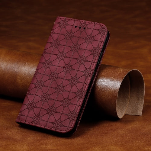 For iPhone XR Lucky Flowers Embossing Pattern Magnetic Horizontal Flip Leather Case with Holder & Card Slots(Wine Red)