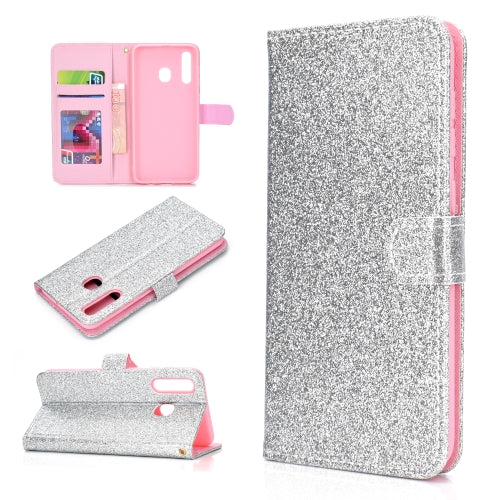 For Samsung Galaxy A20e Glitter Powder Horizontal Flip Leather Case with Card Slots & Holder & Photo Frame & Wallet(Silver)