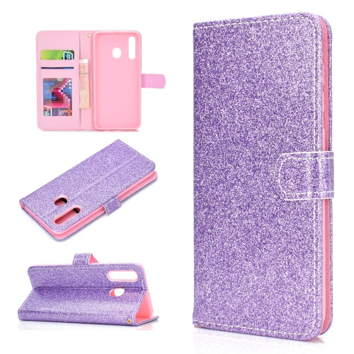 For Samsung Galaxy A30 / A20 Glitter Powder Horizontal Flip Leather Case with Card Slots & Holder & Photo Frame & Wallet(Purple)