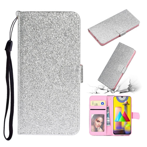 For Samsung M31 Glitter Powder Horizontal Flip Leather Case with Card Slots & Holder & Photo Frame & Wallet(Silver)