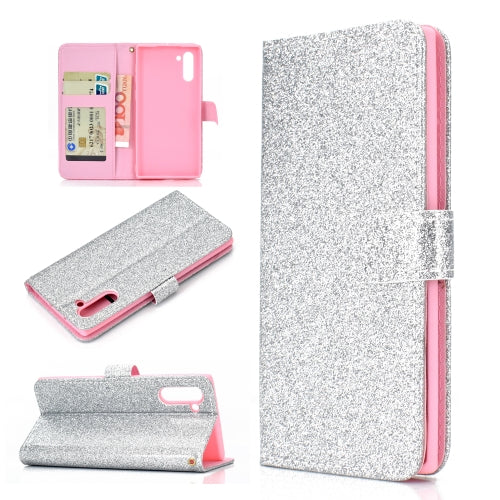 For Samsung Galaxy Note 10 Glitter Powder Horizontal Flip Leather Case with Card Slots & Holder & Photo Frame & Wallet(Silver)