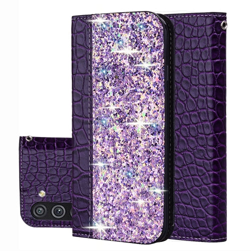 For Samsung Galaxy M11 Crocodile Texture Glitter Sequin Magnetic Attraction Horizontal Flip Leather Case with Bracket & Card Slots & Strap(Purple)