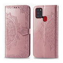 For Samsung Galaxy A21s Halfway Mandala Embossing Pattern Horizontal Flip PU Leather Case with Card Slots & Holder & Wallet(Rose Gold)