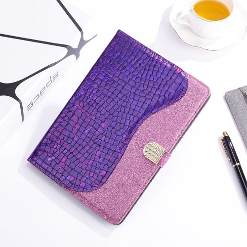 For iPad 9.7(2017) Laser Glitter Stitching Crocodile Texture Horizontal Flip Leather Case with Storage Grid & Holder(Purple)