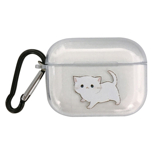 For AirPods Pro Transparent TPU Pattern Earphone Protective Case with Hook(White Cat)