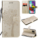 For Samsung Galaxy A51 5G Tree & Cat Embossed Pattern Horizontal Flip Leather Case with Holder & Card Slots & Wallet & Lanyard(Gold)