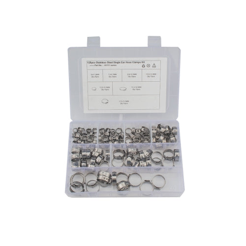 128 PCS Adjustable Single Ear Plus Stainless Steel Hydraulic Hose Clamps O-Clips Pipe Fuel Air Inside Diameter Range: 5.8-21mm