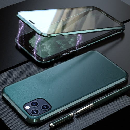 For iPhone 11 Pro Max Shockproof Magnetic Attraction Leather Backboard + Tempered Glass Protective Case(Green)