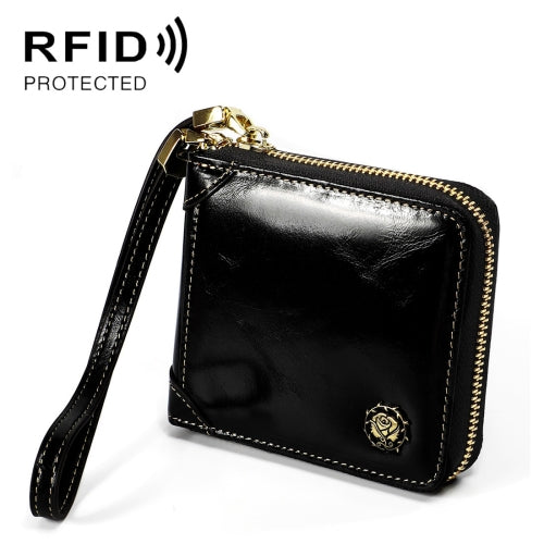 8251 Antimagnetic RFID Multi-function Oil Wax Leather Lady Zipper Wallet Purse with Lanyard(Black)
