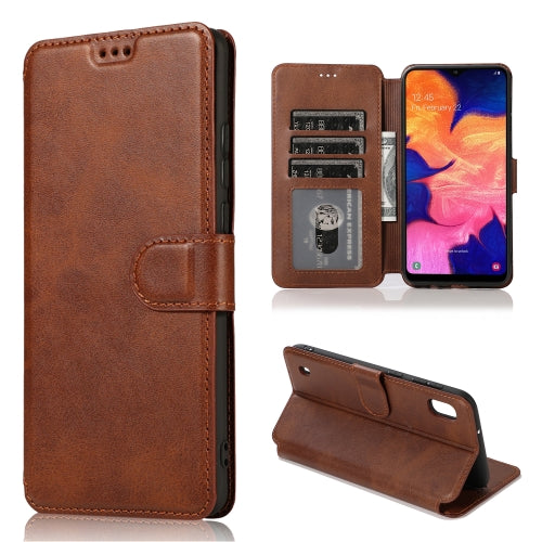 For Samsung Galaxy A10 Calf Texture Magnetic Buckle Horizontal Flip Leather Case with Holder & Card Slots & Wallet & Photo Frame(Coffee)