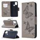 For Samsung Galaxy A21s Embossing Two Butterflies Pattern Horizontal Flip PU Leather Case with Holder & Card Slot & Wallet & Lanyard(Grey)