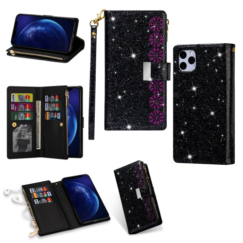For iPhone 11 Pro Max Multi-card Slots Starry Sky Laser Carving Glitter Zipper Horizontal Flip Leather Case with Holder & Wallet & Lanyard(Black)