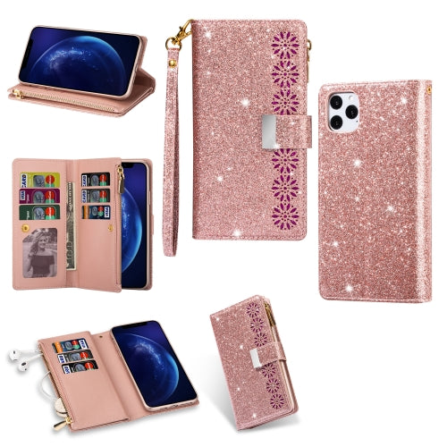 For iPhone 11 Multi-card Slots Starry Sky Laser Carving Glitter Zipper Horizontal Flip Leather Case with Holder & Wallet & Lanyard(Rose Gold)