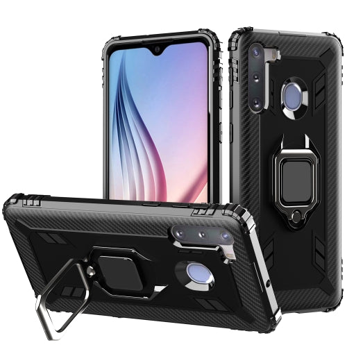 For Samsung Galaxy A21 (US) Carbon Fiber Protective Case with 360 Degree Rotating Ring Holder(Black)