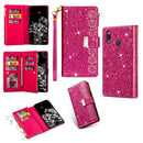 For Samsung Galaxy A40 Multi-card Slots Starry Sky Laser Carving Glitter Zipper Horizontal Flip Leather Case with Holder & Wallet & Lanyard(Rose Red)