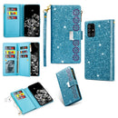 For Samsung Galaxy A51 Multi-card Slots Starry Sky Laser Carving Glitter Zipper Horizontal Flip Leather Case with Holder & Wallet & Lanyard(Sky Blue)