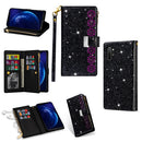 For Samsung Galaxy Note10 Multi-card Slots Starry Sky Laser Carving Glitter Zipper Horizontal Flip Leather Case with Holder & Wallet & Lanyard(Black)