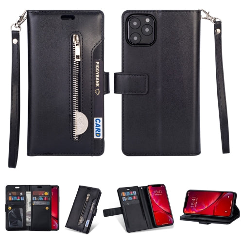 For iPhone 11 Pro Multifunctional Zipper Horizontal Flip Leather Case with Holder & Wallet & 9 Card Slots & Lanyard(Black)