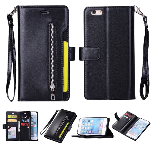 For iPhone 6 Plus & 6s Plus Multifunctional Zipper Horizontal Flip Leather Case with Holder & Wallet & 9 Card Slots & Lanyard(Black)