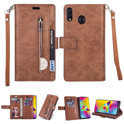 For Samsung Galaxy A20s Multifunctional Zipper Horizontal Flip Leather Case with Holder & Wallet & 9 Card Slots & Lanyard(Brown)