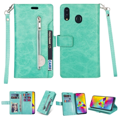 For Samsung Galaxy A10s Multifunctional Zipper Horizontal Flip Leather Case with Holder & Wallet & 9 Card Slots & Lanyard(Mint Green)