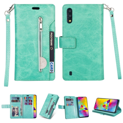 For Samsung Galaxy M10 / Galaxy A10 Multifunctional Zipper Horizontal Flip Leather Case with Holder & Wallet & 9 Card Slots & Lanyard(Mint Green)