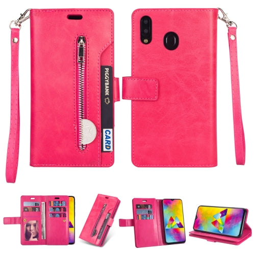 For Samsung Galaxy M20 Multifunctional Zipper Horizontal Flip Leather Case with Holder & Wallet & 9 Card Slots & Lanyard(Rose Red)