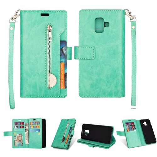 For Samsung Galaxy A6 (2018) Multifunctional Zipper Horizontal Flip Leather Case with Holder & Wallet & 9 Card Slots & Lanyard(Mint Green)