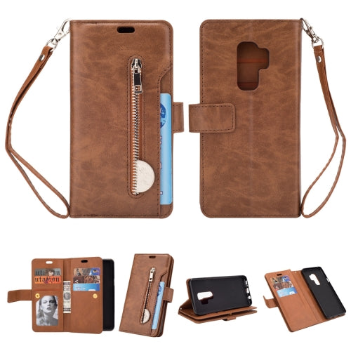 For Samsung Galaxy S9+ Multifunctional Zipper Horizontal Flip Leather Case with Holder & Wallet & 9 Card Slots & Lanyard(Brown)
