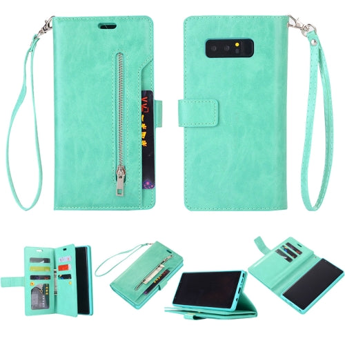 For Samsung Galaxy Note8 Multifunctional Zipper Horizontal Flip Leather Case with Holder & Wallet & 9 Card Slots & Lanyard(Mint Green)