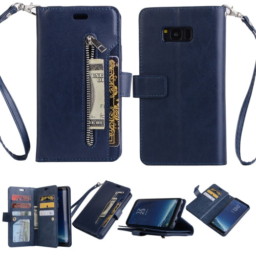 For Samsung Galaxy S8 Multifunctional Zipper Horizontal Flip Leather Case with Holder & Wallet & 9 Card Slots & Lanyard(Blue)