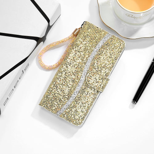 For Samsung Galaxy A21s Glitter Powder Horizontal Flip Leather Case with Card Slots & Holder & Lanyard(Gold)