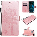 For iPhone 12 Pro Max Tree & Cat Embossed Pattern Horizontal Flip Leather Case with Holder & Card Slots & Wallet & Lanyard(Rose Gold)
