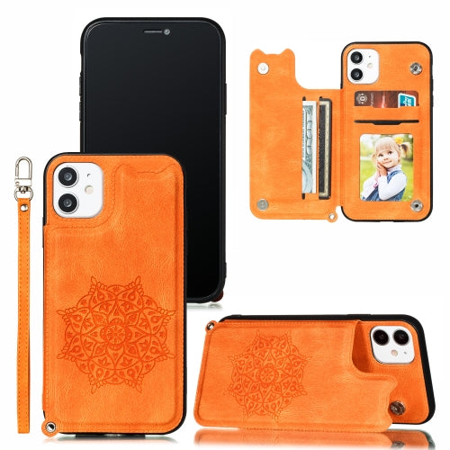 For iPhone 11 Mandala Embossed PU + TPU Case with Holder & Card Slots & Photo Frame & Hand Strap(Yellow)