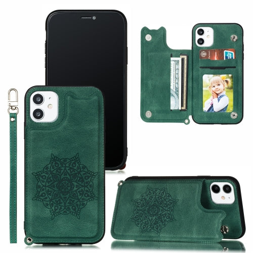 For iPhone 11 Pro Max Mandala Embossed PU + TPU Case with Holder & Card Slots & Photo Frame & Hand Strap(Green)