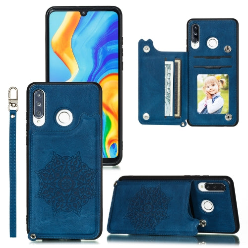 For Huawei P30 Lite Mandala Embossed PU + TPU Case with Holder & Card Slots & Photo Frame & Strap(Blue)