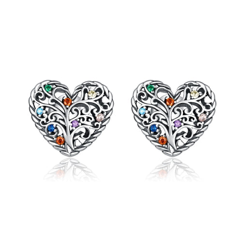 S925 Sterling Silver Tree of Life Heart-shaped Hollow Zircon Earrings