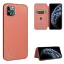 For iPhone 11 Pro Max Carbon Fiber Texture Magnetic Horizontal Flip TPU + PC + PU Leather Case with Card Slot(Brown)