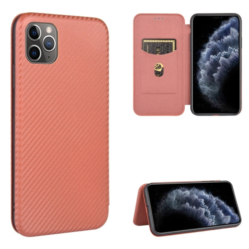 For iPhone 11 Pro Max Carbon Fiber Texture Magnetic Horizontal Flip TPU + PC + PU Leather Case with Card Slot(Brown)