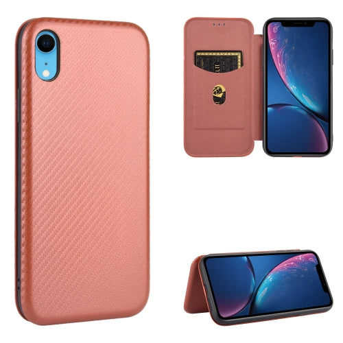 For iPhone XR Carbon Fiber Texture Magnetic Horizontal Flip TPU + PC + PU Leather Case with Card Slot(Brown)